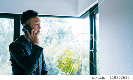 屋内で電話をするビジネスマン 屋内で電話をするビジネスマン 119862655
