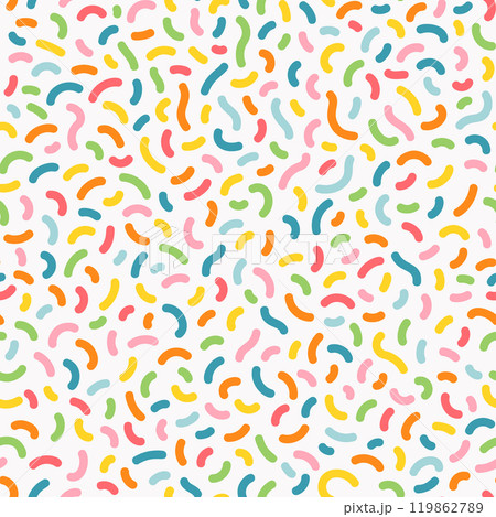 Bright and playful multicolored doodle confetti pattern. Seamless vector abstract background. 119862789