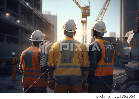 back view group of engineer, technician and architect with safety helmet planning about building plan with blueprint in modern city building background, construction site, industry and worker concept 119862954
