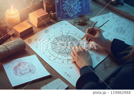 Astrology. Astrologer calculates a natal chart and makes a forecast of fate. Astrological forecast, mysticism, science. Astrological background. Astrology. Astrologer calculates a natal chart and makes a forecast of fate. Astrological forecast, mysticism, science. Astrological background. 119862988