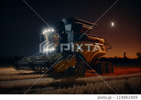 Combine harvester working at night 119862989