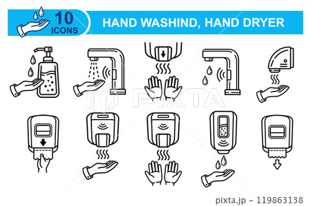 Public restroom hand dryer, wall toilet paper towel dispenser, skin washing liquid soap, sensor water tap line icon. Automatic clean sanitizer, sink faucet, electric blower drier, body hygiene vector 119863138