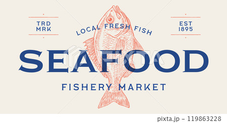 Gilt-head bream, fish, Dorado, seafood, sketch. Vintage retro print, seafood fish sketch, logo sign template, ink pencil style drawing, engrave old school. Hand drawn sketch fish. Vector Illustration 119863228