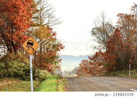 北海道の秋の道の風景と標識 119863339
