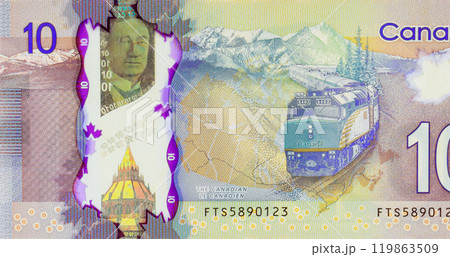 Canadian polymer banknotes in denomination ten dollars issued by Bank of Canada back view 119863509
