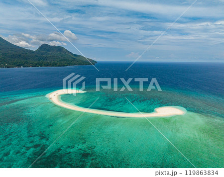 Clear greenish water in White Island. Blue sea and waves. Camiguin, Philippines. 119863834
