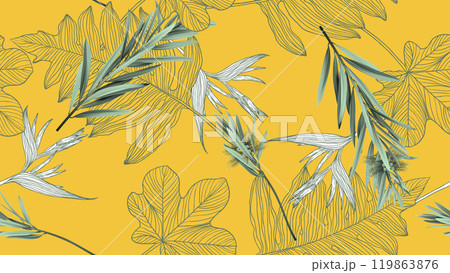 Foliage seamless pattern, bottle brush leaves and line art ink drawing leaves in green on yellow 119863876