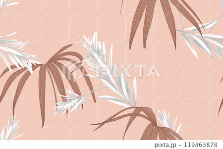 Foliage seamless pattern, bottle brush leaves and Rhapis excelsa leaves in brown tones 119863878