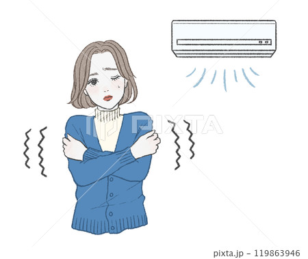 エアコンの寒さに肩をすくめて震えている青いカーディガンの女性 119863946