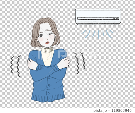A woman in a blue cardigan shrugging and shivering from the cold of the air conditioner A woman in a blue cardigan shrugging and shivering from the cold of the air conditioner 119863946