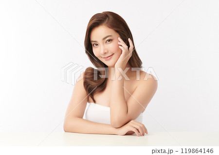 Beautiful young asian woman with clean fresh skin on white background, Face care, Facial treatment, Cosmetology, beauty and spa, Asian women portrait. 119864146