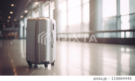 Travel suitcase with airport defocused background. Generative AI 119864448