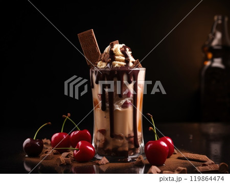 Chocolate milkshake with whipped cream and cherry. Generative AI 119864474