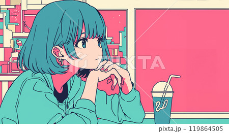 喫茶店で飲み物を飲む女の子 119864505