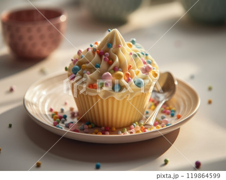 Festive Cupcake Frosting Top with Sprinkles. Generative AI 119864599