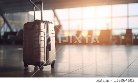 Travel suitcase with airport defocused background. Generative AI 119864602