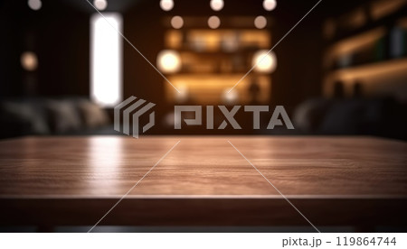 Dark wooden empty table for product display with blurrd living room background. Generative AI 119864744