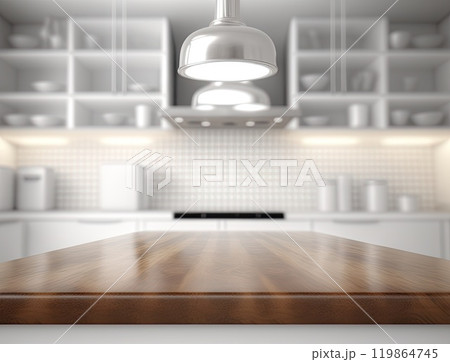 Empty wooden counter top with blurred kitchen background with copy space. Generative AI 119864745
