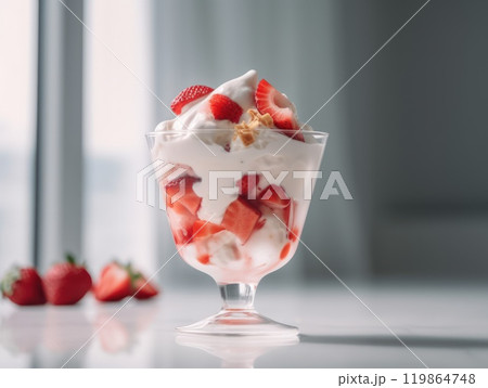 Ice cream sundae with strawberry sauce on white table. Generative AI 119864748