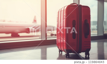 Travel suitcase with airport defocused background. Generative AI Travel suitcase with airport defocused background. Generative AI 119864843