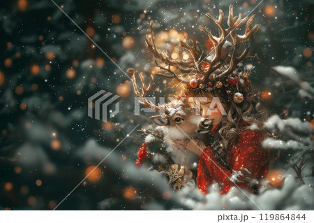トナカイと角をつけた女性のクリスマスイラスト トナカイと角をつけた女性のクリスマスイラスト 119864844