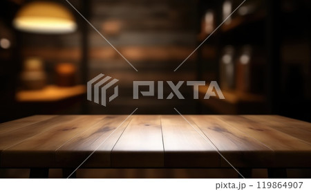 Dark wooden empty table for product display with blurrd living room background. Generative AI 119864907