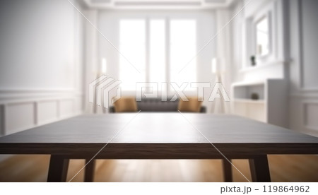Empty table and copy space with blurred living room background in the morning. Generative AI 119864962