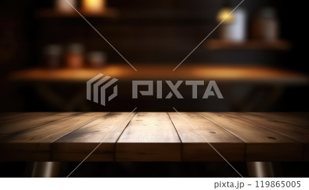 Dark wooden empty table for product display with blurrd living room background. Generative AI 119865005
