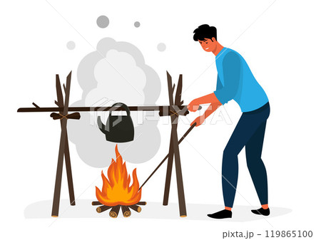 A young man makes a fire and boils hot water. in camping 119865100