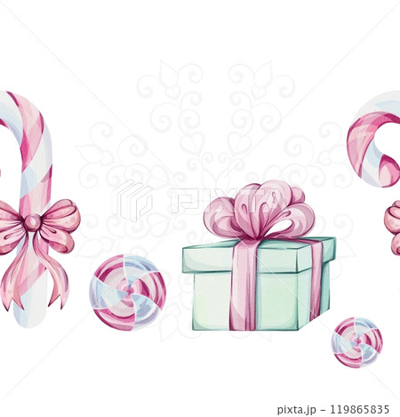 Watercolor seamless border - candy cane, Christmas sweet peppermint cinnamon lollipop pink white, gift with red bow, green box for celebration. Romantic retro style. Winter festive decor. Hand drawn Watercolor seamless border - candy cane, Christmas sweet peppermint cinnamon lollipop pink white, gift with red bow, green box for celebration. Romantic retro style. Winter festive decor. Hand drawn 119865835