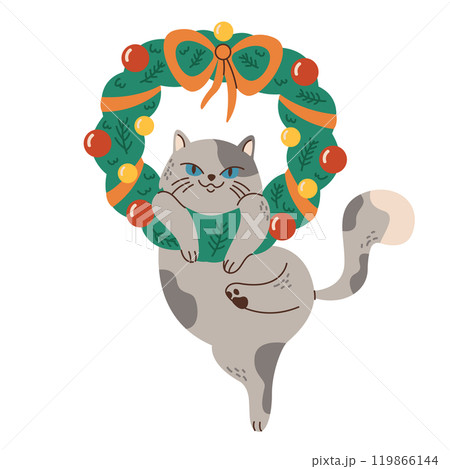 Cat hanging on Christmas wreath flat color vector character 119866144