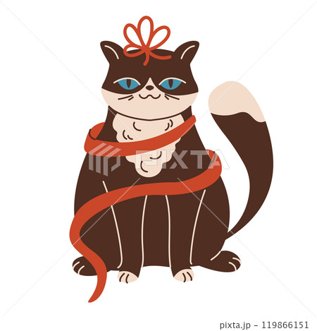 Happy cat in Christmas ribbon flat color vector character Happy cat in Christmas ribbon flat color vector character 119866151