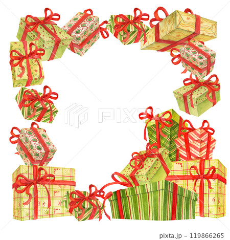 Square frame or border of gifts and stack of wrapped in colorful paper presents with red ribbons and bows. Festive background for Christmas, Birthday or other holiday printing design or decoration Square frame or border of gifts and stack of wrapped in colorful paper presents with red ribbons and bows. Festive background for Christmas, Birthday or other holiday printing design or decoration 119866265