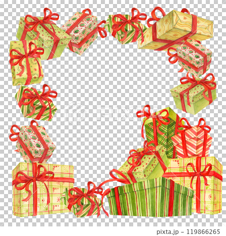 Square frame or border of gifts and stack of wrapped in colorful paper presents with red ribbons and bows. Festive background for Christmas, Birthday or other holiday printing design or decoration Square frame or border of gifts and stack of wrapped in colorful paper presents with red ribbons and bows. Festive background for Christmas, Birthday or other holiday printing design or decoration 119866265