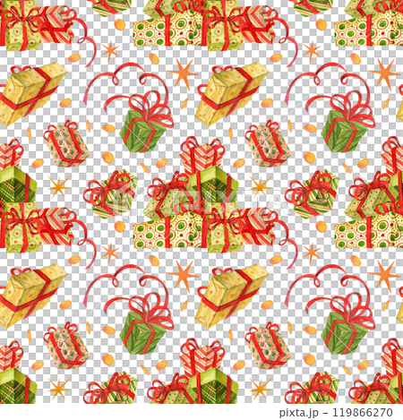Seamless pattern of gift boxes with ribbons, freely flying and piled up, complemented by stars and confetti. Bright, colorful festive ornament for wrapping paper, wallpaper and holiday textiles 119866270