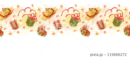 Seamless border of flying gift boxes in festive wrapping paper with red ribbons and bows complemented by stars and confetti. Holiday frame of presents for cards design, prints or banners decoration 119866272