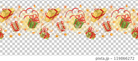 Seamless border of flying gift boxes in festive wrapping paper with red ribbons and bows complemented by stars and confetti. Holiday frame of presents for cards design, prints or banners decoration 119866272