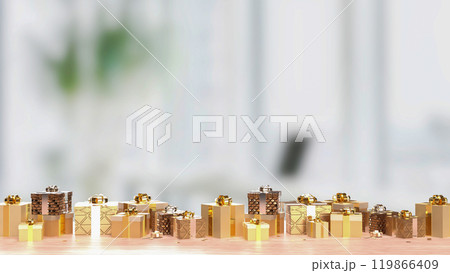 The Gold Gift box on wood table for holiday or celebration concept 3d render. The Gold Gift box on wood table for holiday or celebration concept 3d render. 119866409