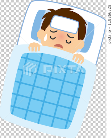 病気で布団で眠っている男の子のイメージイラスト 病気で布団で眠っている男の子のイメージイラスト 119866528