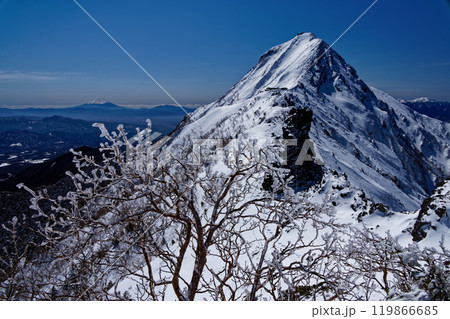 樹氷と八ヶ岳連峰・赤岳、富士山の眺め 119866685