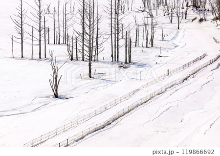 北海道夕張市、雪に覆われたシューパロ湖畔の旧道【4月】 119866692