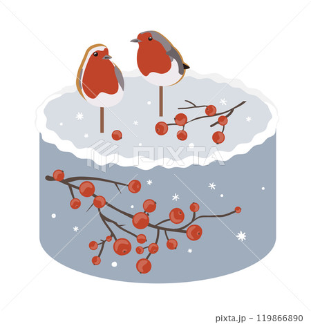 Christmas bento cake decorated with two robin bird toppers red berry branches. Xmas sweet cake, isolated vector illustration 119866890