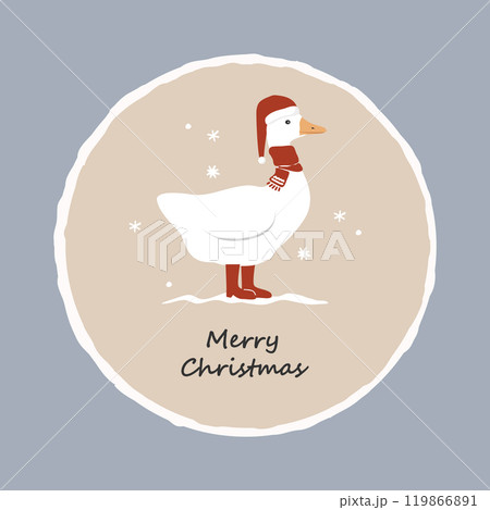 Christmas bento cake decorated with funny cartoon goose in red scarf, Santa Claus hat and boots. Minimalistic style, isolated vector illustration. 119866891