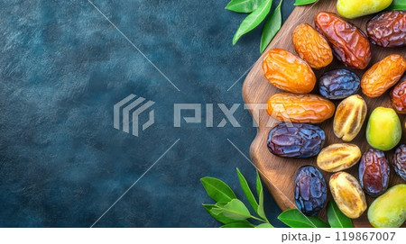 Fresh dates with mint leaves on a wooden cutting board against a dark marble surface, creating a natural and healthy snack scene. 119867007