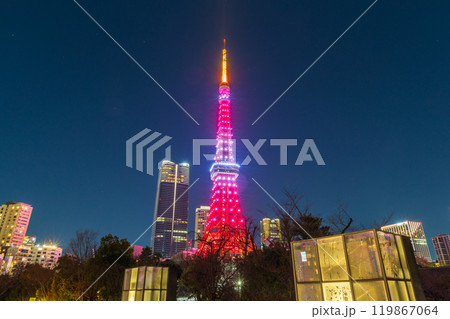 「東京都」ライトアップした東京タワー 夜景 「東京都」ライトアップした東京タワー 夜景 119867064