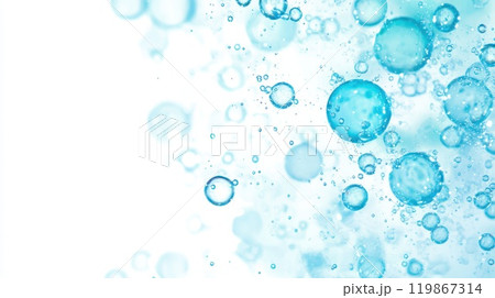 Abstract splash of crystal-clear water droplets against a white background, showcasing freshness, purity, and natural energy 119867314