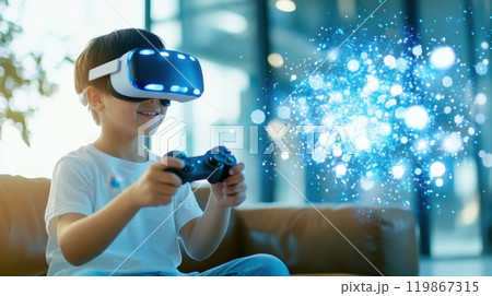 Child wearing a futuristic VR headset and holding a controller, immersed in a virtual winter game with a cityscape background and snow effect. 119867315