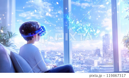 Child wearing a futuristic VR headset and holding a controller, immersed in a virtual winter game with a cityscape background and snow effect. 119867317