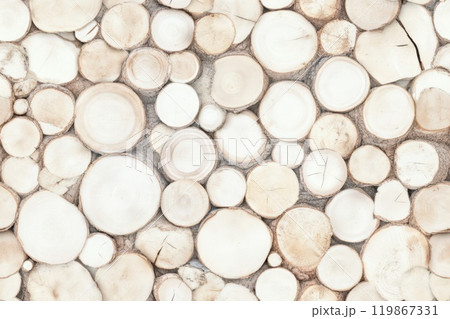 Wood slice mosaic with varying shades of brown, creating a rustic, natural texture perfect for earthy, eco-friendly design themes. Wood slice mosaic with varying shades of brown, creating a rustic, natural texture perfect for earthy, eco-friendly design themes. 119867331