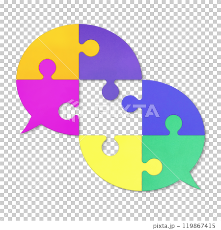 Jigsaw puzzle icon with two colorful bubbles of puzzle overlapping with empty pieces Jigsaw puzzle icon with two colorful bubbles of puzzle overlapping with empty pieces 119867415
